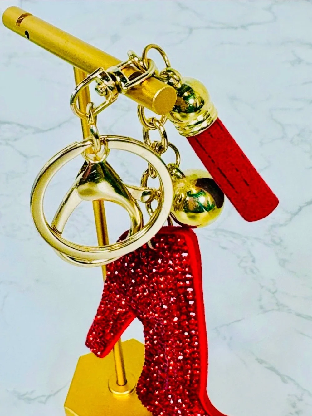 A-1DC-39: BAG CHARM/KEYCHAIN: Red w/Golden Accents, Gems w/Ball & Tassel, NIP